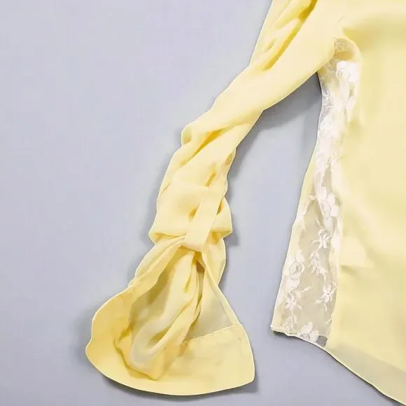 Candie's Y2K Romantic Lace Sheer Tie Front Button Tab Sleeve Top Butter Yellow M - Picture 4 of 10